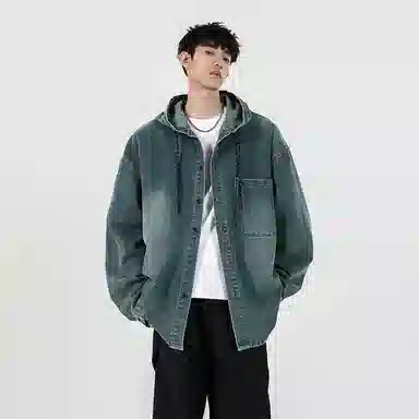 大卫贝肯 美式复古潮流高街重水洗做旧基础款简约宽松休闲日常迷彩百搭连帽无性别主义设计落肩袖单排扣学院风牛仔外套 男女同款