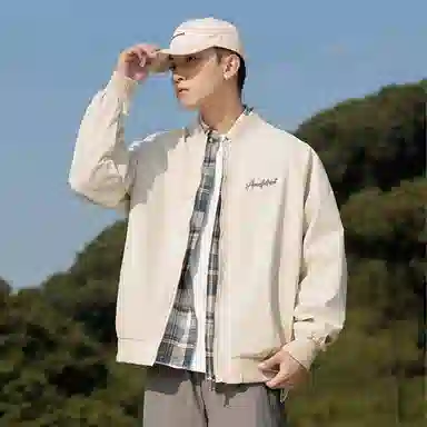 快鱼 美式复古简约个性花体字母印花设计感青少年纯色基础款宽松休闲时尚百搭飞行教练长袖外套夹克 男女同款