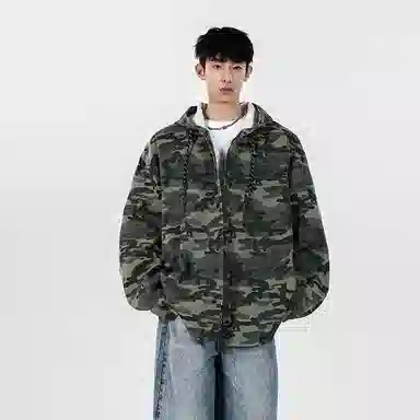 大卫贝肯 美式复古潮流高街重水洗做旧基础款简约宽松休闲日常迷彩百搭连帽无性别主义设计落肩袖单排扣学院风牛仔外套 男女同款