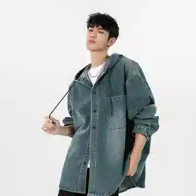 大卫贝肯 美式复古潮流高街重水洗做旧基础款简约宽松休闲日常迷彩百搭连帽无性别主义设计落肩袖单排扣学院风牛仔外套 男女同款