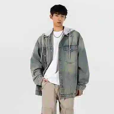 大卫贝肯 美式复古潮流高街重水洗做旧基础款简约宽松休闲日常通勤百搭连帽可脱卸单排扣学院风牛仔外套 男女同款