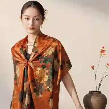 上海故事 牡丹花涧香云纱真丝老料 礼盒装 披肩 女款