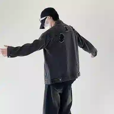 大卫贝肯 美式复古纯色基础款春秋季宽松百搭长袖翻领破洞牛仔外套 男女同款