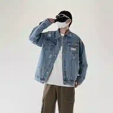 大卫贝肯 美式复古纯色基础款春秋季宽松百搭长袖翻领破洞牛仔外套 男女同款