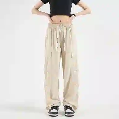 大卫贝肯 美式高街基础款纯色品牌字母刺绣抽绳宽松舒适帅气伞兵工装直筒可束脚休闲裤 男女同款