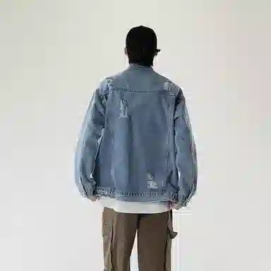 大卫贝肯 美式复古纯色基础款春秋季宽松百搭长袖翻领破洞牛仔外套 男女同款