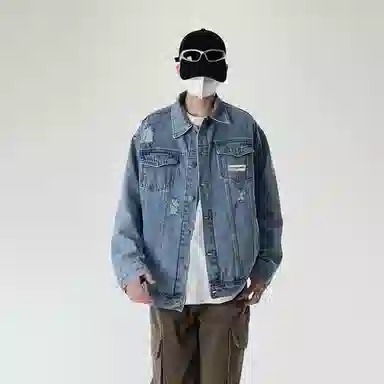 大卫贝肯 美式复古纯色基础款春秋季宽松百搭长袖翻领破洞牛仔外套 男女同款