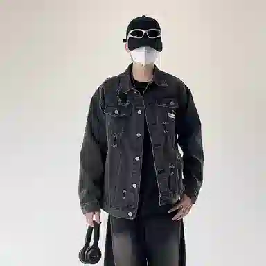 大卫贝肯 美式复古纯色基础款春秋季宽松百搭长袖翻领破洞牛仔外套 男女同款