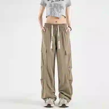 大卫贝肯 美式高街基础款纯色品牌字母刺绣抽绳宽松舒适帅气伞兵工装直筒可束脚休闲裤 男女同款