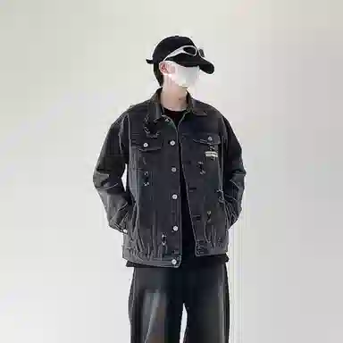 大卫贝肯 美式复古纯色基础款春秋季宽松百搭长袖翻领破洞牛仔外套 男女同款