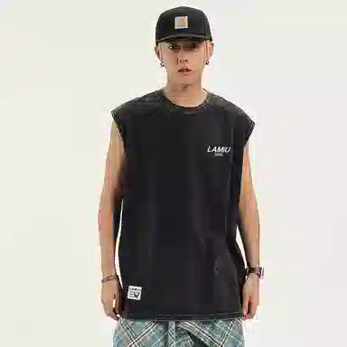 兰缪 无袖纯色简约宽松直筒百搭圆领休闲字母透气圆领无袖背心 男女同款