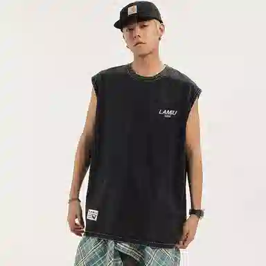 兰缪 无袖纯色简约宽松直筒百搭圆领休闲字母透气圆领无袖背心 男女同款