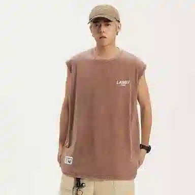 兰缪 无袖纯色简约宽松直筒百搭圆领休闲字母透气圆领无袖背心 男女同款