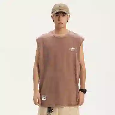 兰缪 无袖纯色简约宽松直筒百搭圆领休闲字母透气圆领无袖背心 男女同款