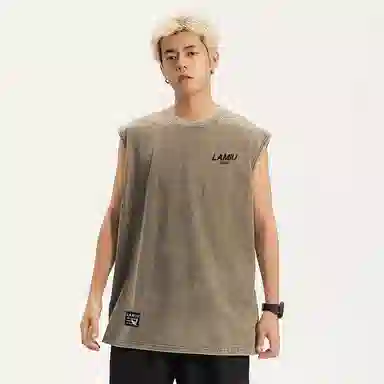 兰缪 无袖纯色简约宽松直筒百搭圆领休闲字母透气圆领无袖背心 男女同款