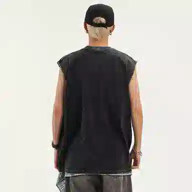 兰缪 无袖纯色简约宽松直筒百搭圆领休闲字母透气圆领无袖背心 男女同款