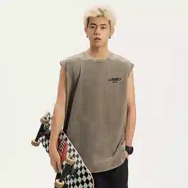 兰缪 无袖纯色简约宽松直筒百搭圆领休闲字母透气圆领无袖背心 男女同款