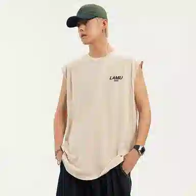 兰缪 无袖纯色简约宽松直筒百搭圆领休闲字母透气圆领无袖背心 男女同款