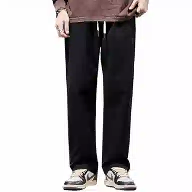 人本 纯色中腰宽松直筒系带休闲裤 男女同款 黑色