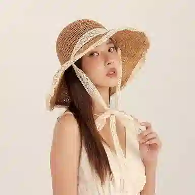 北极绒 碎花森系镂空蕾丝边草帽 小清新出游遮阳防晒 拉菲草 渔夫帽 女款