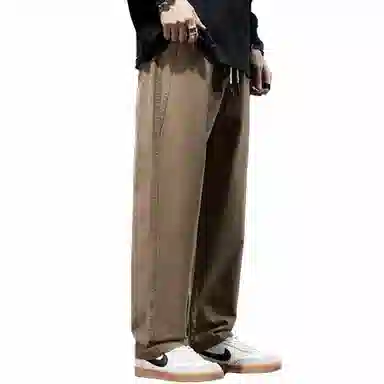 人本 纯色中腰宽松直筒系带休闲裤 男女同款 黑色