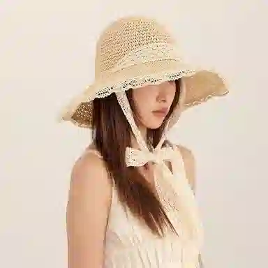北极绒 碎花森系镂空蕾丝边草帽 小清新出游遮阳防晒 拉菲草 渔夫帽 女款
