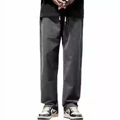 人本 纯色中腰宽松直筒系带休闲裤 男女同款 黑色