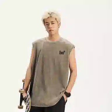 兰缪 日系纯色简约宽松直筒柔软舒适亲肤通勤百搭打底圆领休闲无性别主义水洗做旧无袖背心 男女同款