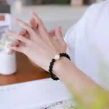 木盛缘 【顺丰包邮】 上岸桃花有钱花 本命年新中式国潮复古时尚设计文玩佛珠单圈#好运黑檀木 菩提根 手串 男女同款情侣款