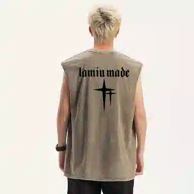 兰缪 日系纯色简约宽松直筒柔软舒适亲肤通勤百搭打底圆领休闲无性别主义水洗做旧无袖背心 男女同款