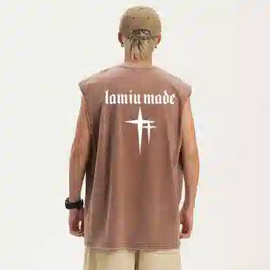 兰缪 日系纯色简约宽松直筒柔软舒适亲肤通勤百搭打底圆领休闲无性别主义水洗做旧无袖背心 男女同款