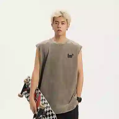 兰缪 日系纯色简约宽松直筒柔软舒适亲肤通勤百搭打底圆领休闲无性别主义水洗做旧无袖背心 男女同款