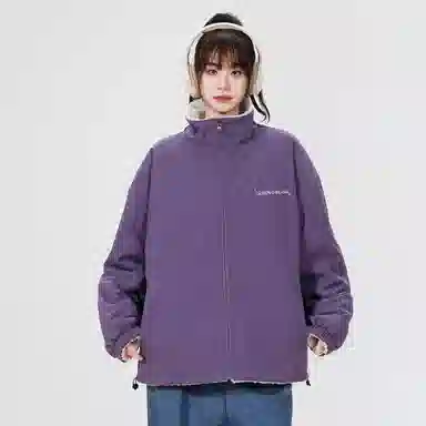 蜡笔小新 双面穿羊羔绒拼色卡通人物字母小标翻领加厚保暖休闲宽松棉服外套 男女同款