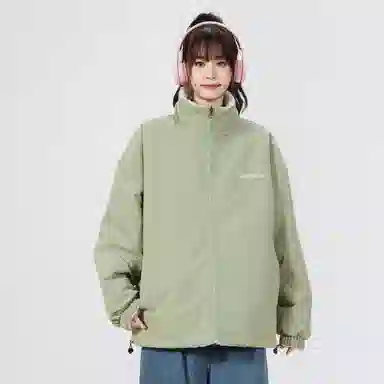 蜡笔小新 双面穿羊羔绒拼色卡通人物字母小标翻领加厚保暖休闲宽松棉服外套 男女同款