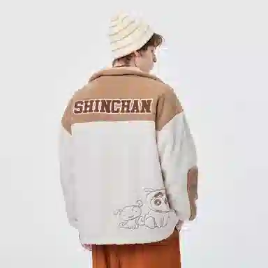 蜡笔小新 双面穿羊羔绒拼色卡通人物字母小标翻领加厚保暖休闲宽松棉服外套 男女同款