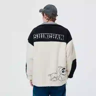 蜡笔小新 双面穿羊羔绒拼色卡通人物字母小标翻领加厚保暖休闲宽松棉服外套 男女同款