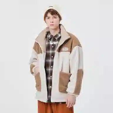 蜡笔小新 双面穿羊羔绒拼色卡通人物字母小标翻领加厚保暖休闲宽松棉服外套 男女同款