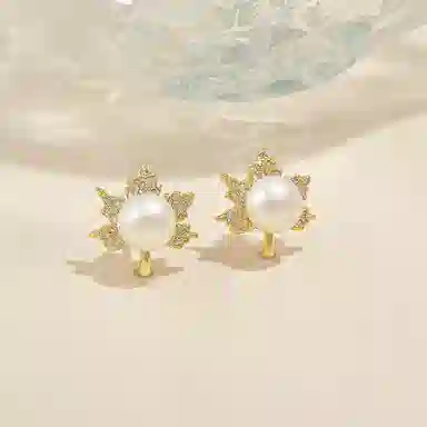 品彩 金色枫叶 小清新甜美可爱 淡水珍珠 耳钉 女款