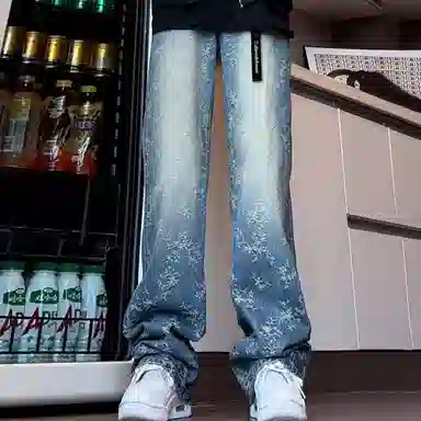 大卫贝肯  提花荆棘美式高街直筒微喇牛仔裤 男女同款