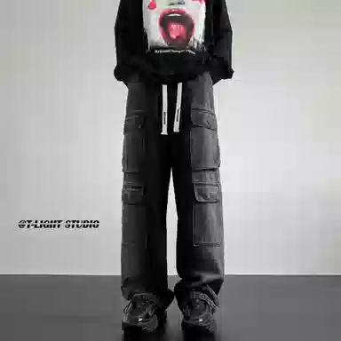 大卫贝肯 美式高街重工水洗复古做旧中腰系带宽松阔腿百搭多口袋工装裤 牛仔裤 男女同款