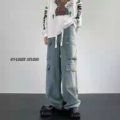 大卫贝肯 美式高街重工水洗复古做旧中腰系带宽松阔腿百搭多口袋工装裤 牛仔裤 男女同款