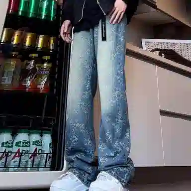 大卫贝肯  提花荆棘美式高街直筒微喇牛仔裤 男女同款