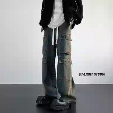 大卫贝肯 美式高街重工水洗复古做旧中腰系带宽松阔腿百搭多口袋工装裤 牛仔裤 男女同款