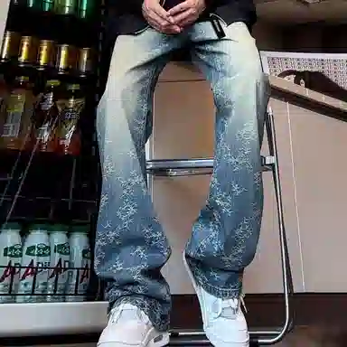 大卫贝肯  提花荆棘美式高街直筒微喇牛仔裤 男女同款