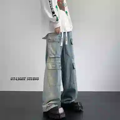 大卫贝肯 美式高街重工水洗复古做旧中腰系带宽松阔腿百搭多口袋工装裤 牛仔裤 男女同款