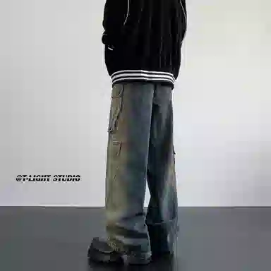 大卫贝肯 美式高街重工水洗复古做旧中腰系带宽松阔腿百搭多口袋工装裤 牛仔裤 男女同款