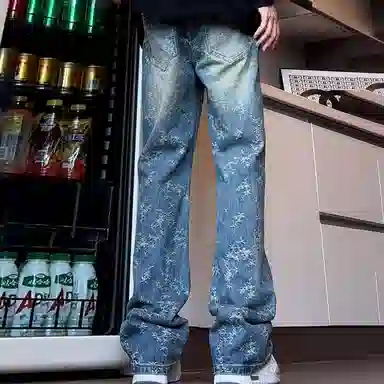 大卫贝肯  提花荆棘美式高街直筒微喇牛仔裤 男女同款