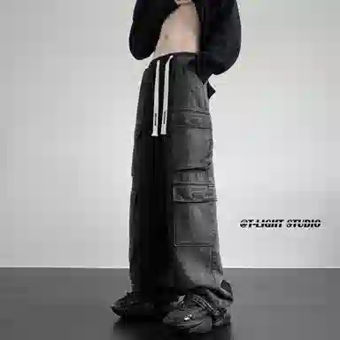 大卫贝肯 美式高街重工水洗复古做旧中腰系带宽松阔腿百搭多口袋工装裤 牛仔裤 男女同款