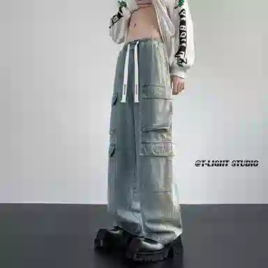 大卫贝肯 美式高街重工水洗复古做旧中腰系带宽松阔腿百搭多口袋工装裤 牛仔裤 男女同款