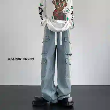 大卫贝肯 美式高街重工水洗复古做旧中腰系带宽松阔腿百搭多口袋工装裤 牛仔裤 男女同款